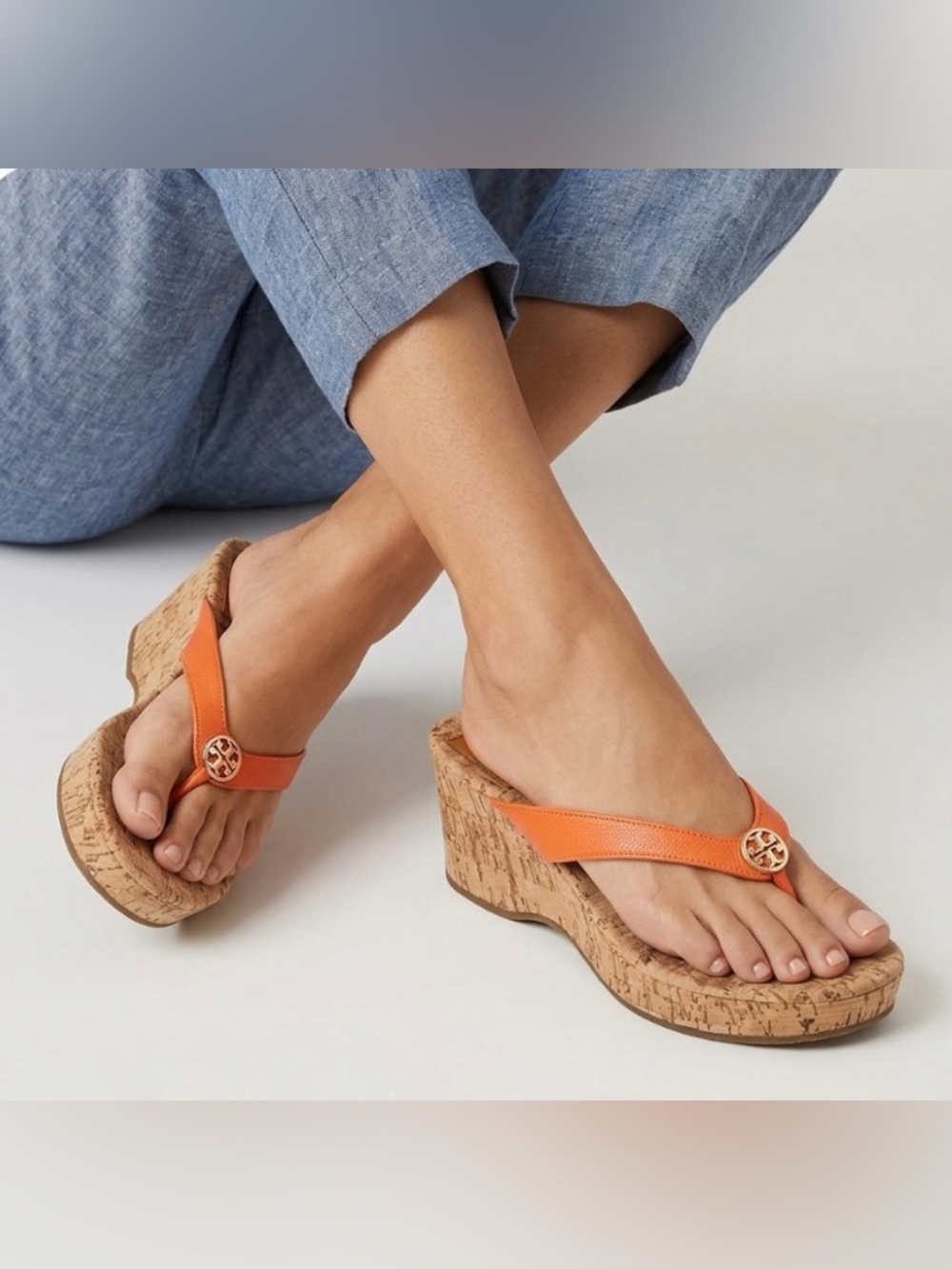 Tory Burch Orange Cork Wedge Thong Sandals